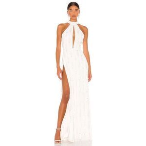 Retrofete White Sequin Halter Maxi Gown with Side Slit